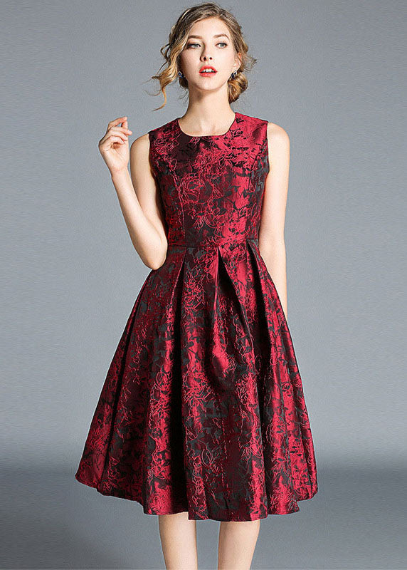 Boutique Red Jacquard Wrinkled Patchwork Silk Party Dress Sleeveless