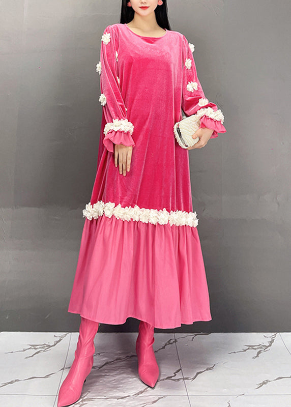 Boutique Red O-neck Embroidered Silk Velvet Long Dresses Spring