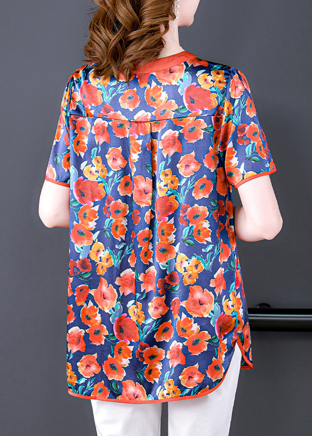 Boutique Red O-neck Oriental Button Print Silk Tank Short Sleeve