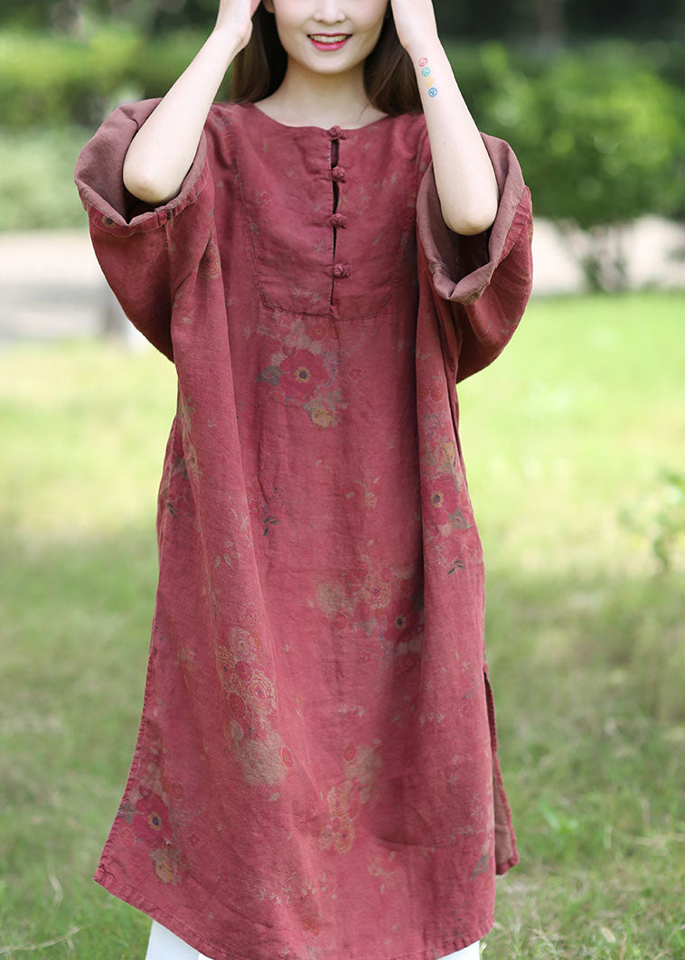 Boutique Red O-neck Oversized Print Linen Dress Spring