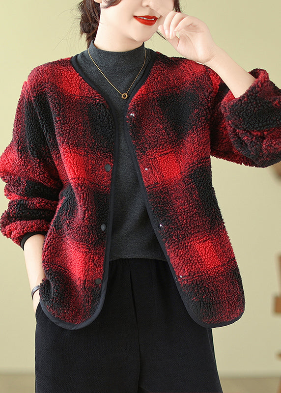 Boutique Red O-neck Pockets Plaid Faux Fur Jackets Fall