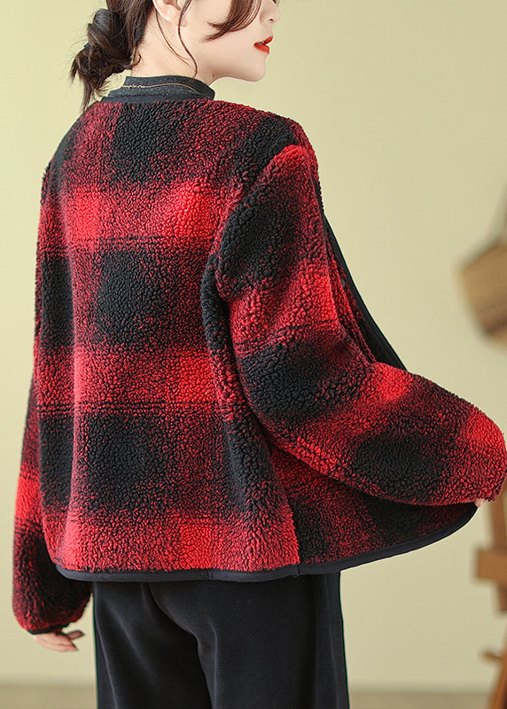 Boutique Red O-neck Pockets Plaid Faux Fur Jackets Fall