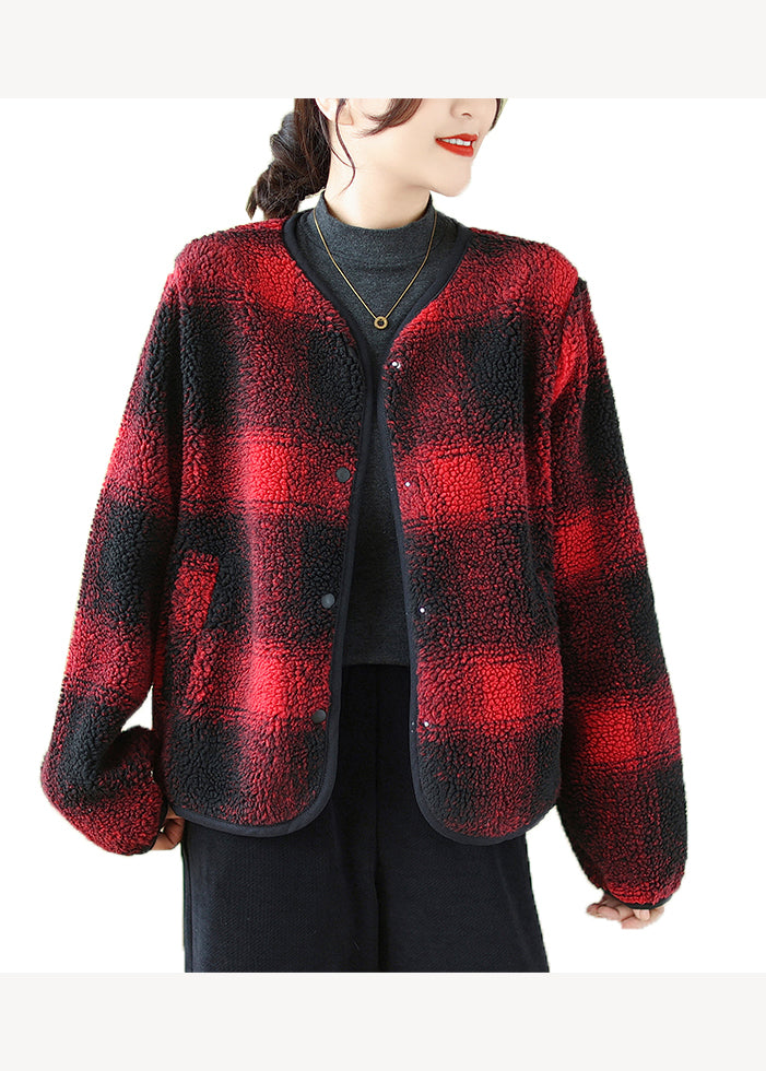 Boutique Red O-neck Pockets Plaid Faux Fur Jackets Fall
