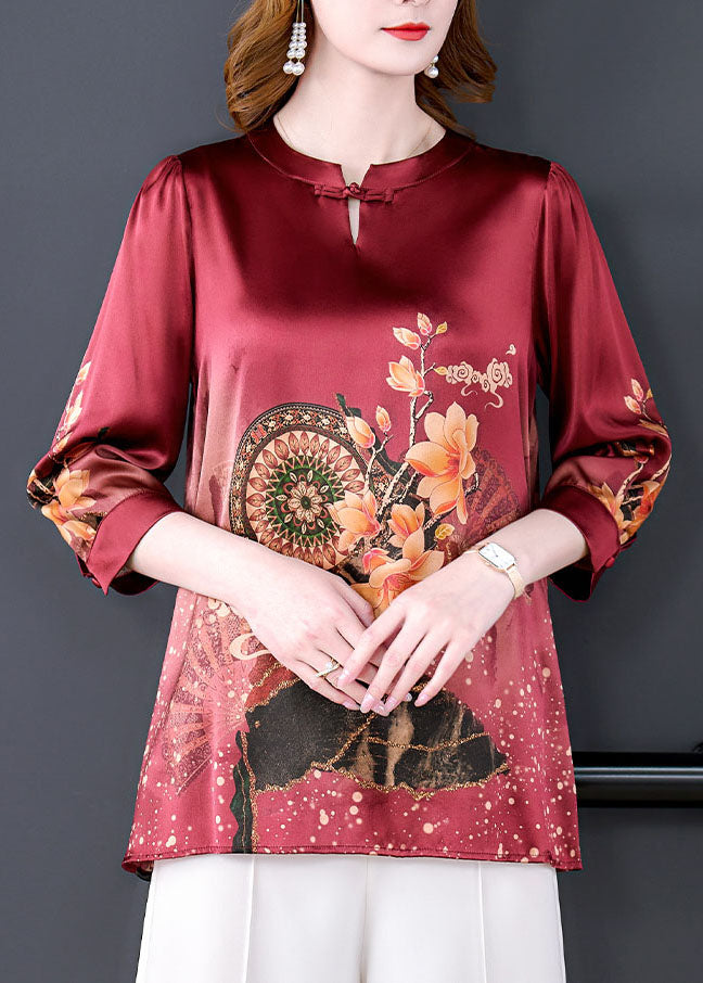 Boutique Red O-neck Print Draping Silk Blouse Tops Bracelet Sleeve