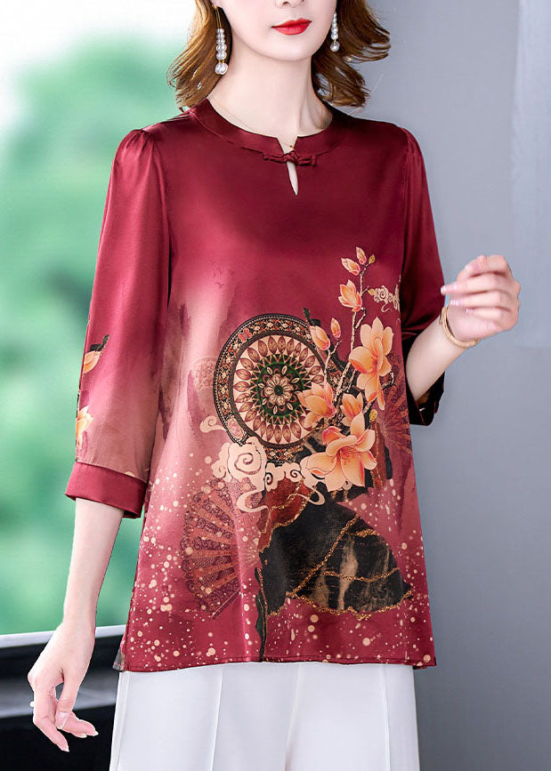 Boutique Red O-neck Print Draping Silk Blouse Tops Bracelet Sleeve