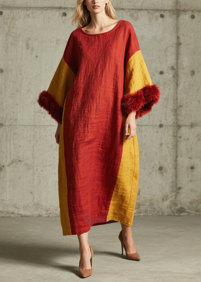 Boutique Red Oversized Patchwork Faux Fur Maxi Dresses Fall