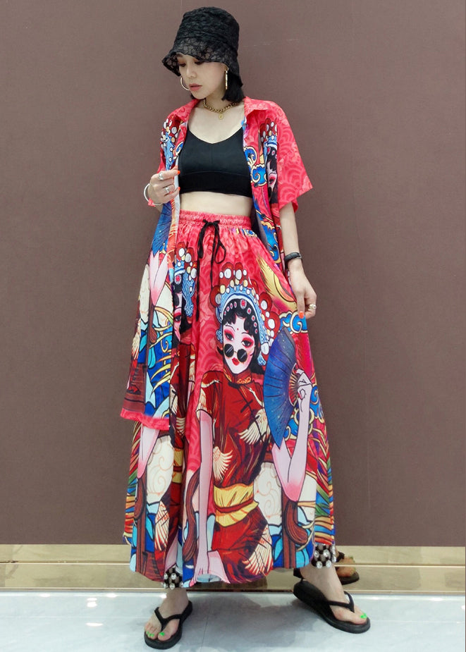 Boutique Red Peter Pan Collar Print Two-piece Set Short Sleeve