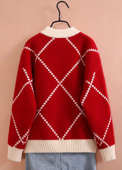 Boutique Red Plaid Thick Cotton Knit Sweater Spring