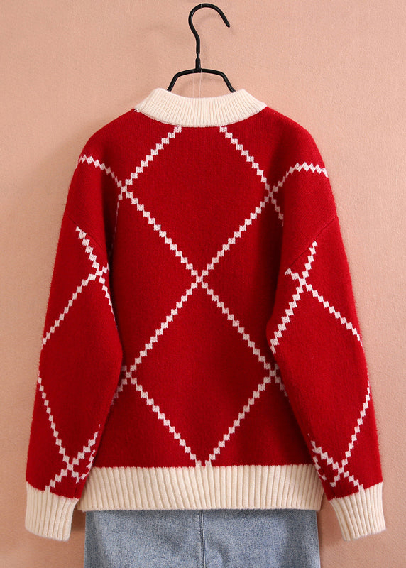Boutique Red Plaid Thick Cotton Knit Sweater Spring