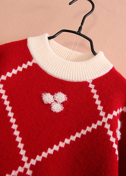 Boutique Red Plaid Thick Cotton Knit Sweater Spring