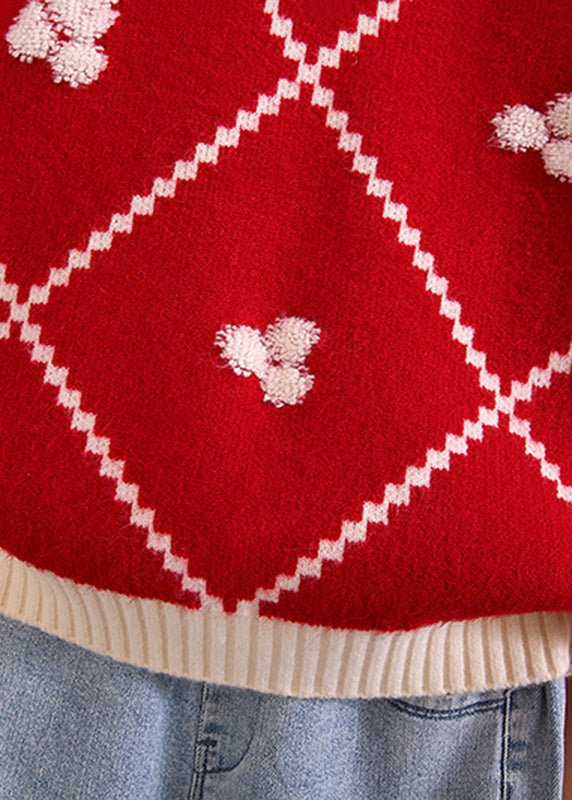 Boutique Red Plaid Thick Cotton Knit Sweater Spring