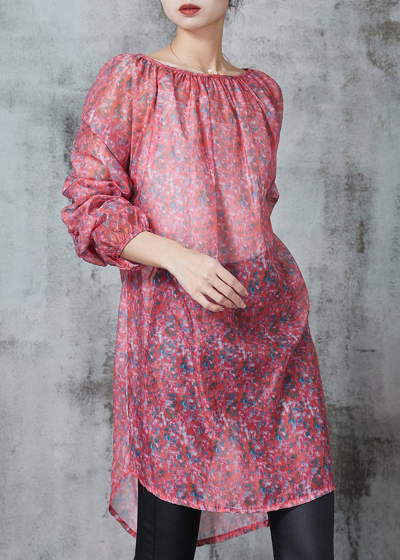 Boutique Red Print Linen Silk Upf 50+ Long Tops Spring