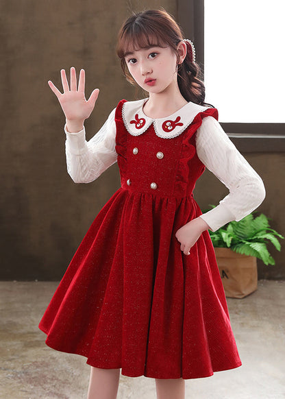 Boutique Red Ruffled Patchwork Warm Fleece Baby Dresses Fall