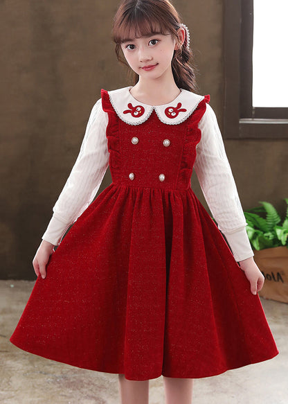 Boutique Red Ruffled Patchwork Warm Fleece Baby Dresses Fall