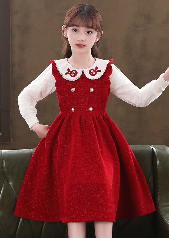 Boutique Red Ruffled Patchwork Warm Fleece Baby Dresses Fall