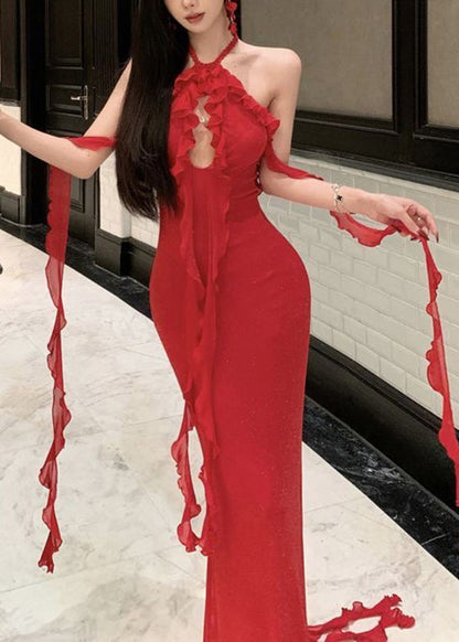 Boutique Red Ruffled Halter Backless Long Dress Summer