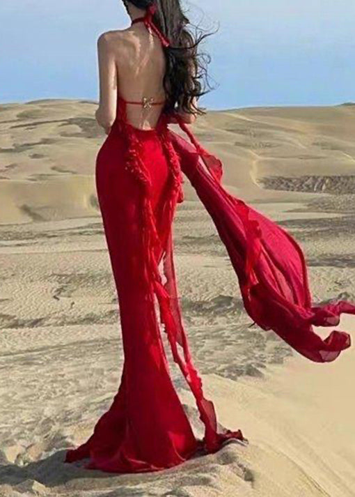 Boutique Red Ruffled Halter Backless Long Dress Summer