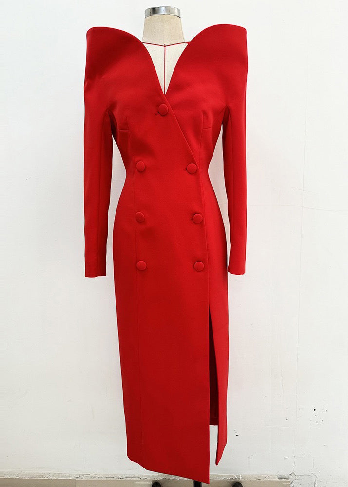 Boutique Red Slash Neck Double Breast Side Open Dress Spring