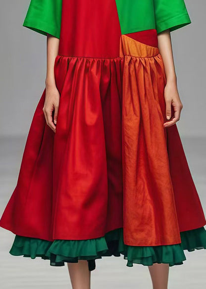 Boutique Red V Neck Patchwork Ruffled Cotton Holiday Dress Summer