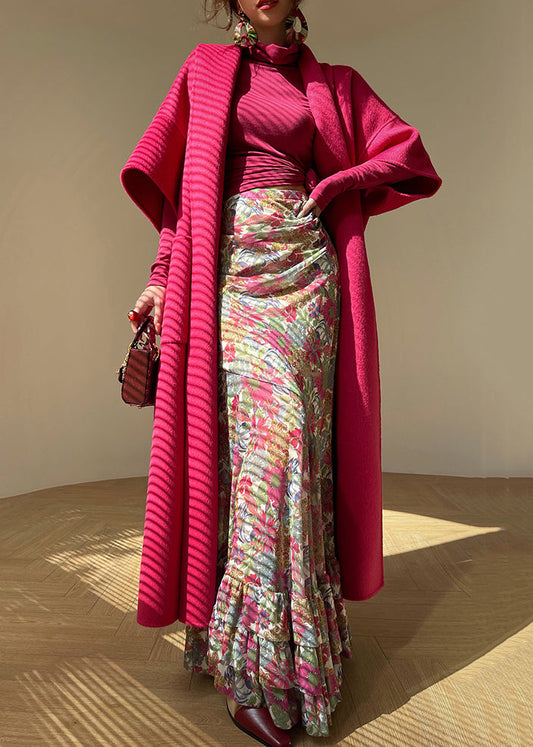 Boutique Rose Pockets Woolen Long Coat Half Sleeve
