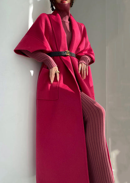 Boutique Rose Pockets Woolen Long Coat Half Sleeve