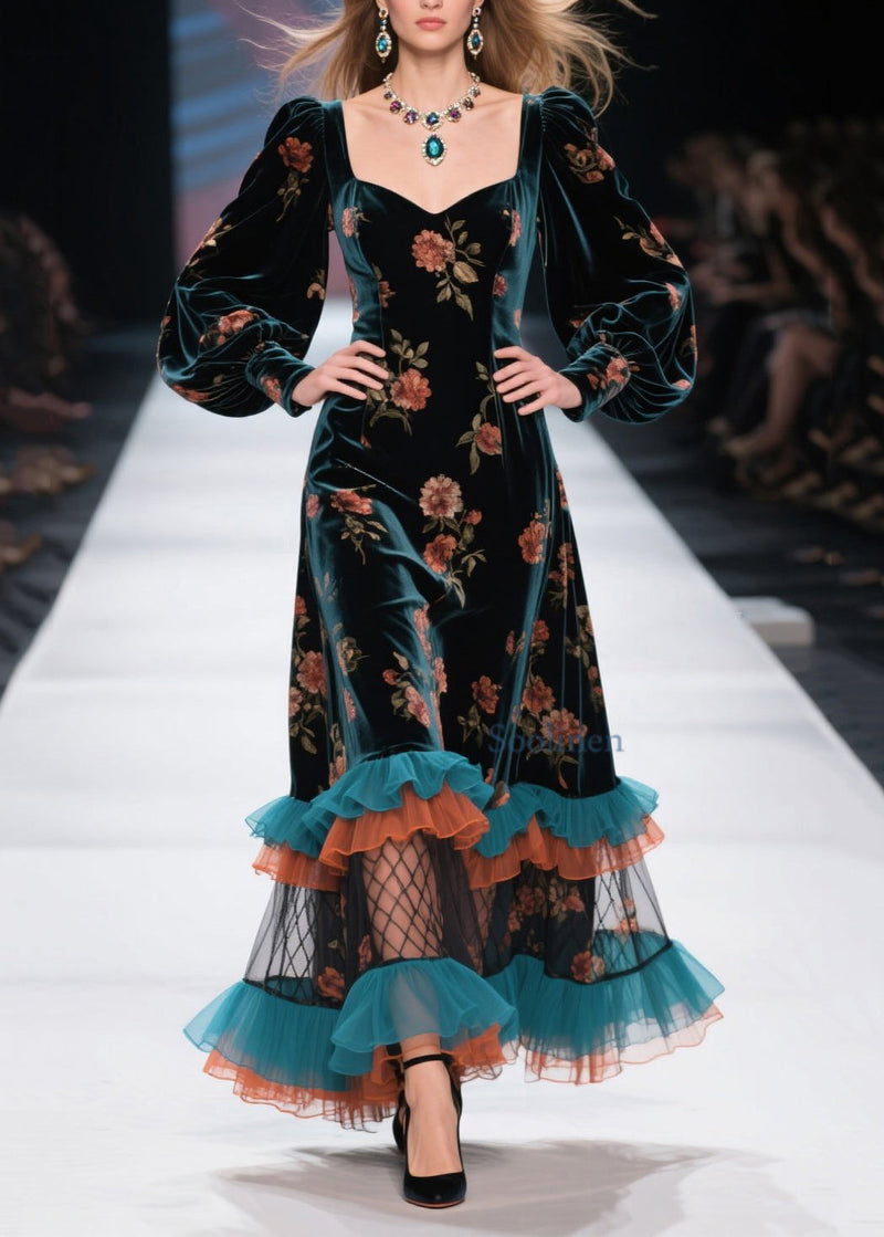 Boutique Ruffled Print Patchwork Velvet Dress Spring