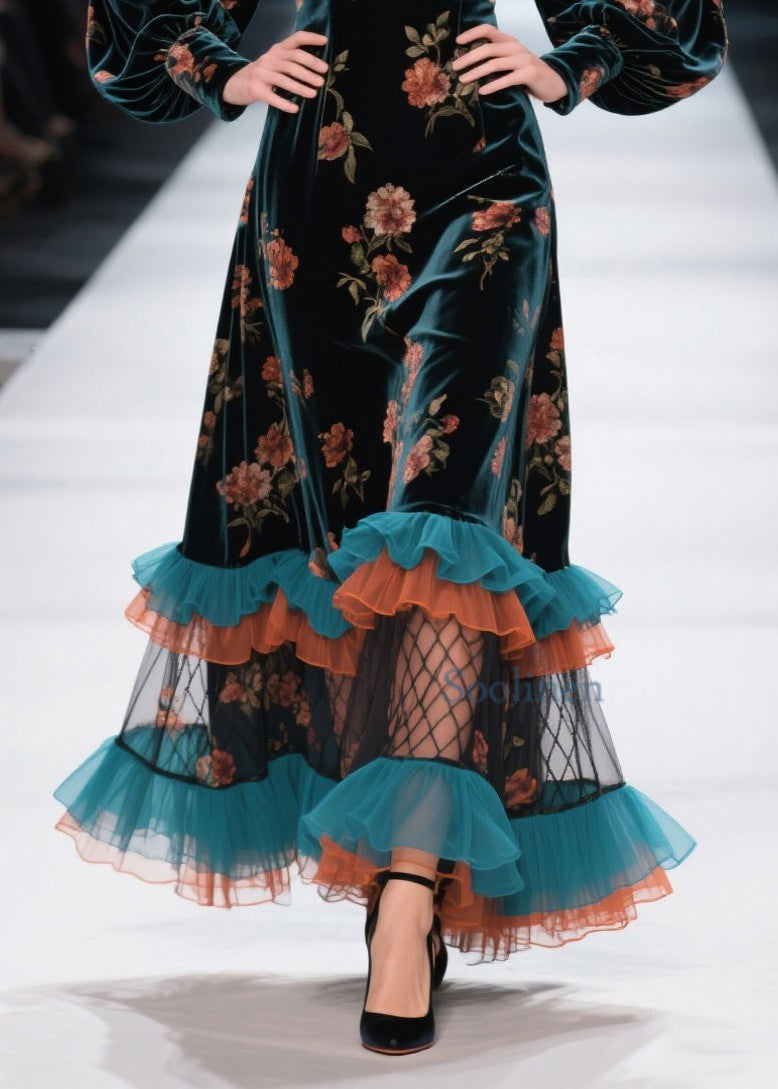 Boutique Ruffled Print Patchwork Velvet Dress Spring
