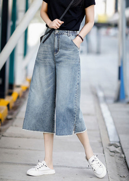 Boutique Blue High Waist Pockets Cotton Denim Wide Leg Pants Summer