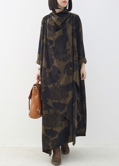 Boutique Tea Green Button Print Asymmetrical Design Fall Dresses Long Sleeve