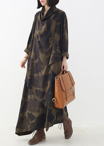Boutique Tea Green Button Print Asymmetrical Design Fall Dresses Long Sleeve