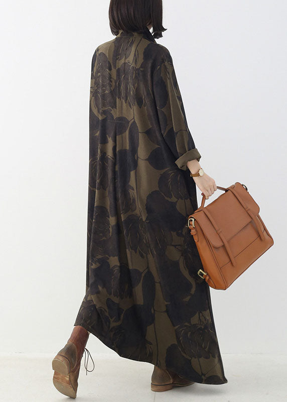 Boutique Tea Green Button Print Asymmetrical Design Fall Dresses Long Sleeve
