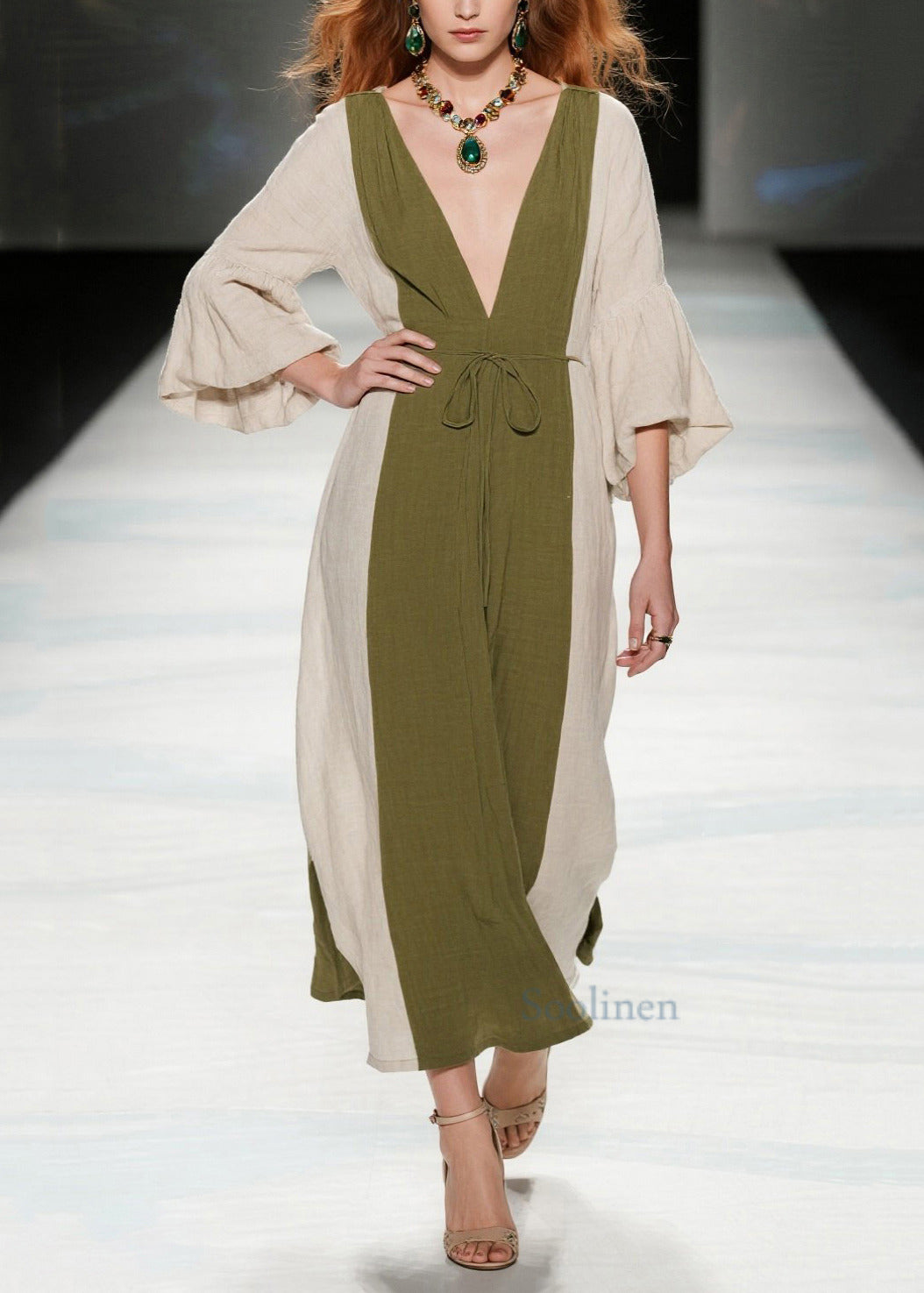 Boutique Tea Green V Neck Patchwork Cotton Long Dresses Summer