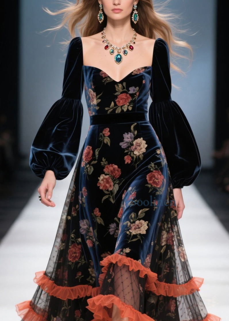 Boutique Tulle Ruffled Print Patchwork Velvet Dress Spring
