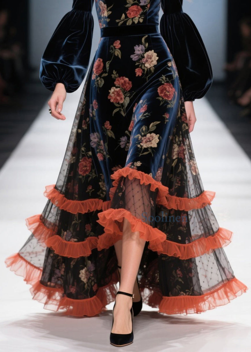 Boutique Tulle Ruffled Print Patchwork Velvet Dress Spring