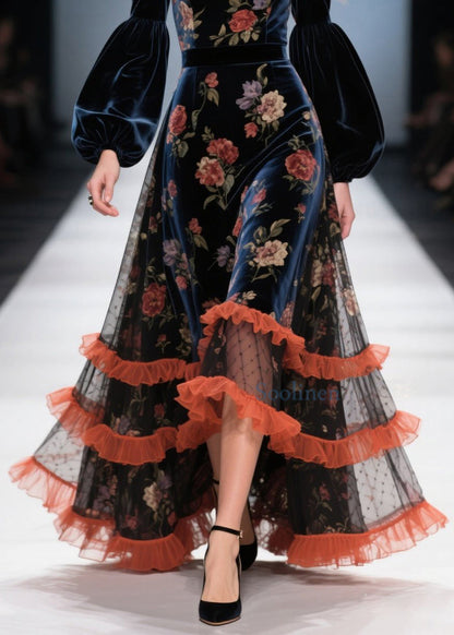 Boutique Tulle Ruffled Print Patchwork Velvet Dress Spring