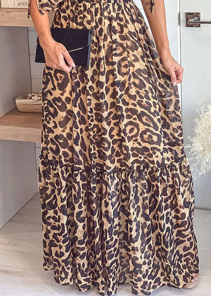 Boutique V Neck Leopard Print Patchwork Ruffled Cinch Long Dresses Short Sleeve