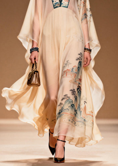 Boutique V Neck Print Patchwork Chiffon Long Dress Spring