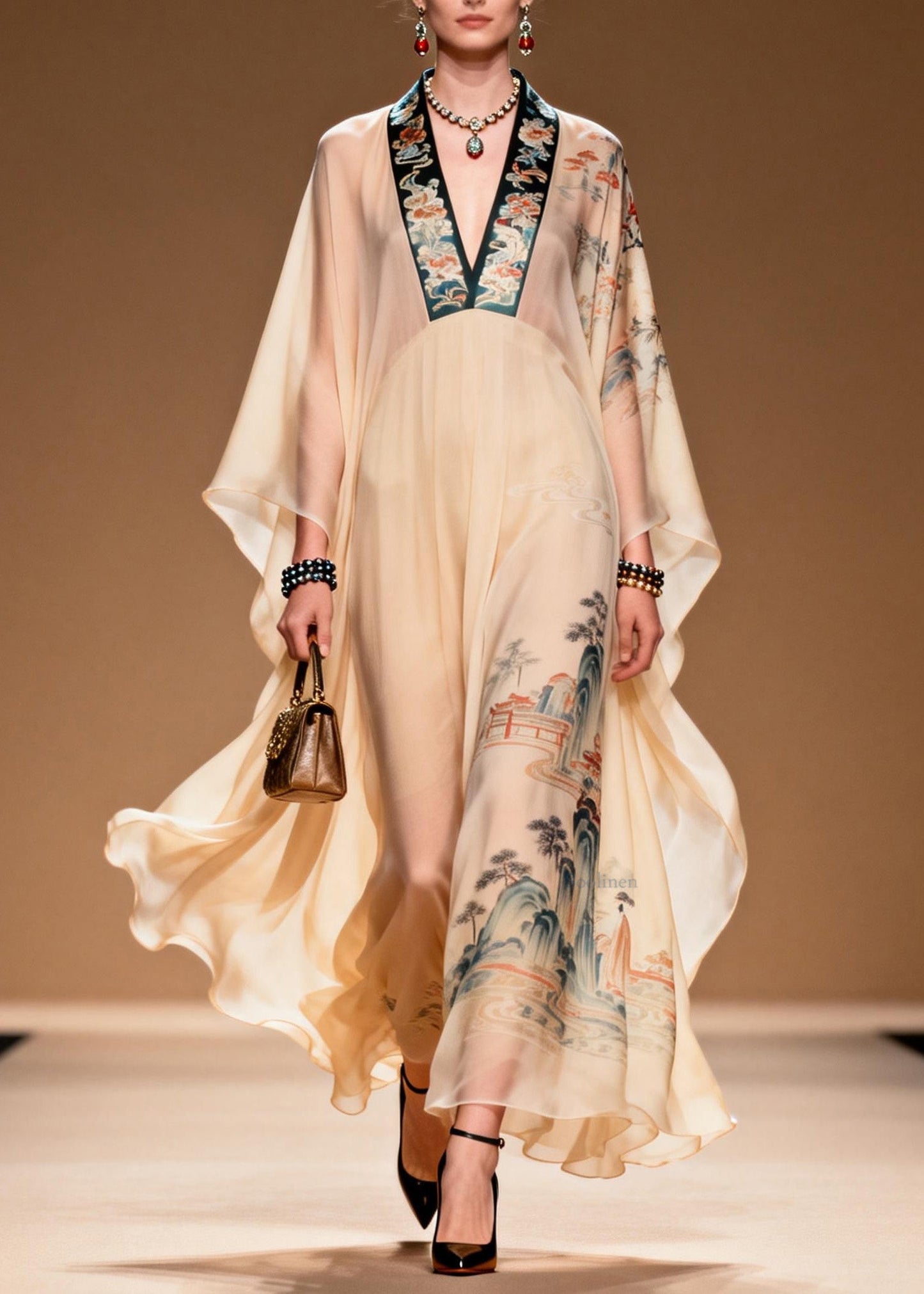 Boutique V Neck Print Patchwork Chiffon Long Dress Spring