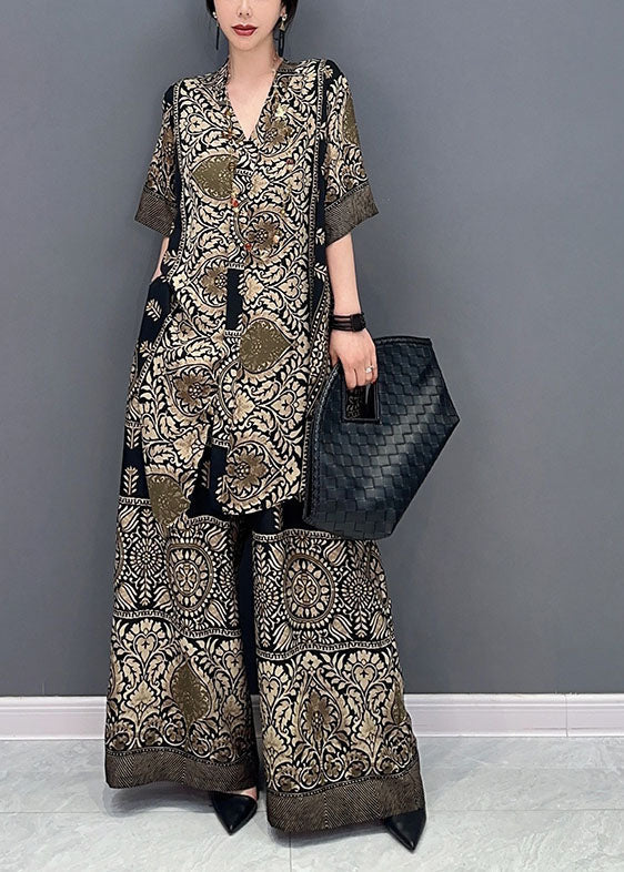 Boutique V Neck Print Silk Tops and Pants Two Pieces Set Summer