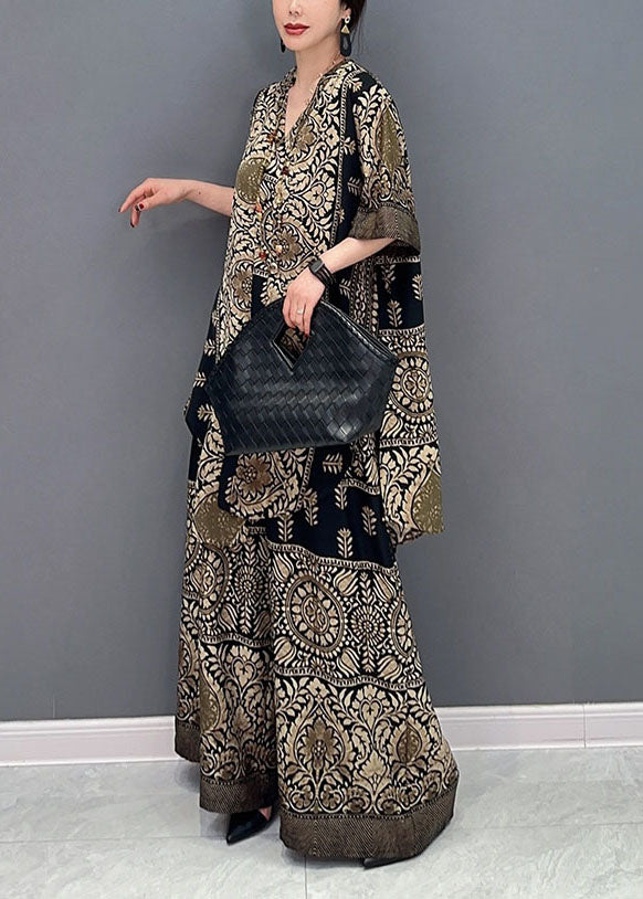 Boutique V Neck Print Silk Tops and Pants Two Pieces Set Summer