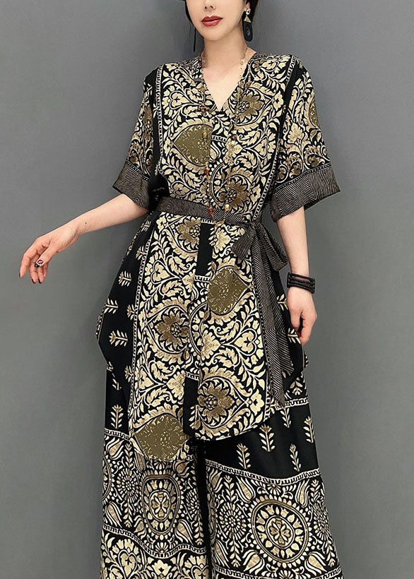 Boutique V Neck Print Silk Tops and Pants Two Pieces Set Summer