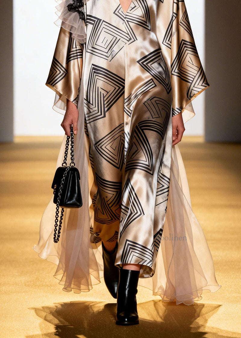 Boutique V Neck Ruffled Patchwork Print Silk Dress Spring