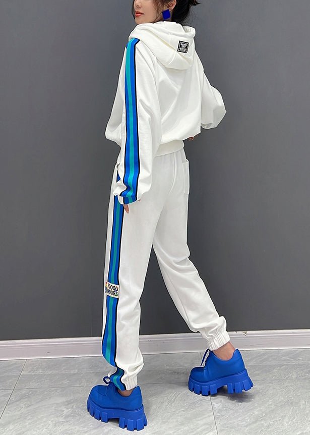 Boutique White Asymmetrical Zippered Striped Hooded Coats and Pants Two Piece Set Fall