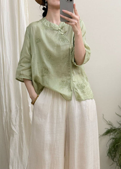 Boutique White Embroidered Oriental Button Linen Blouses Summer