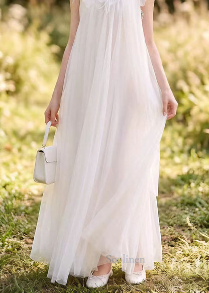 Boutique White Nail Bead Tulle Long Dress Summer
