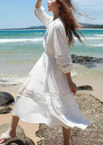 Boutique White Hollow Out Cotton Dress Lantern Sleeve