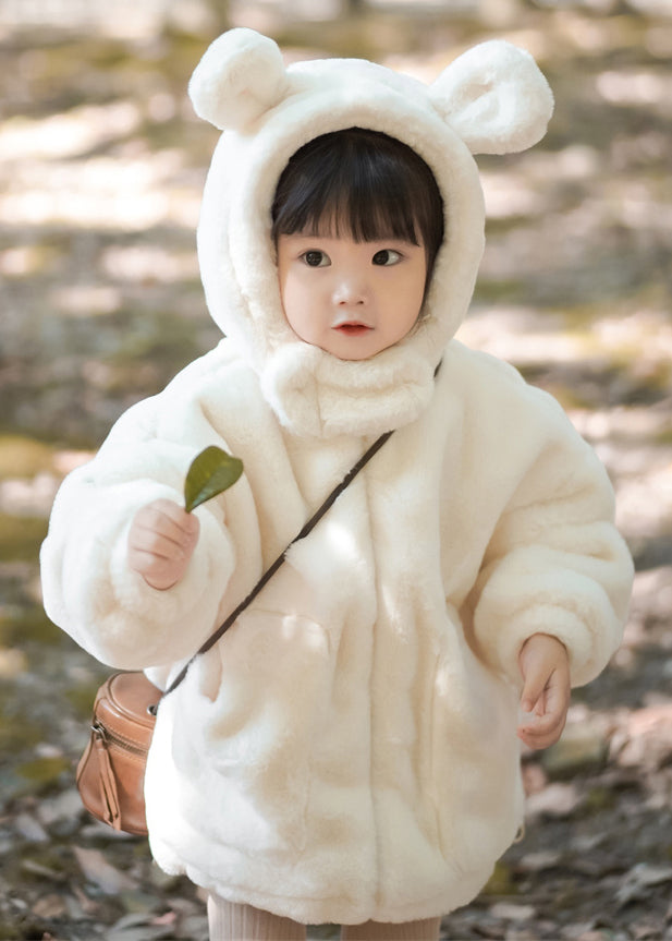 Boutique White Hooded Pockets Fluffy Coat Long Sleeve