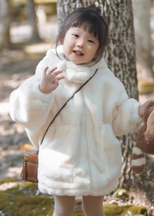 Boutique White Hooded Pockets Fluffy Coat Long Sleeve