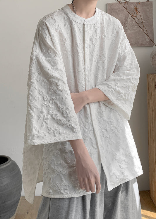 Boutique White Jacquard Cotton Shirts Bracelet Sleeve