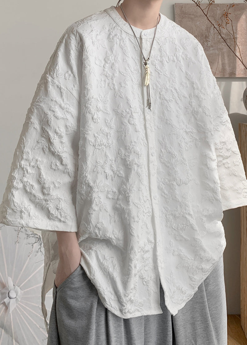 Boutique White Jacquard Cotton Shirts Bracelet Sleeve